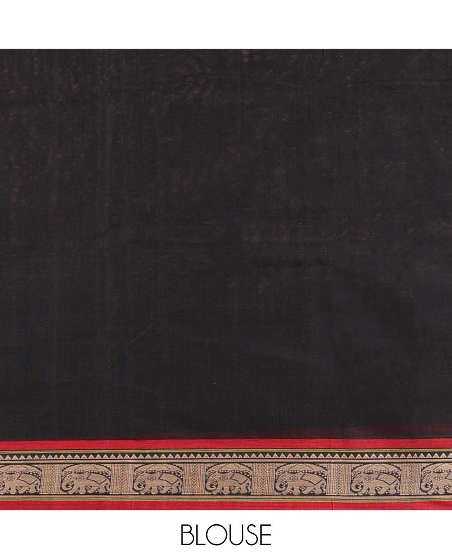 Black plain Narayanapet cotton saree, contrast traditional design border & striped pallu