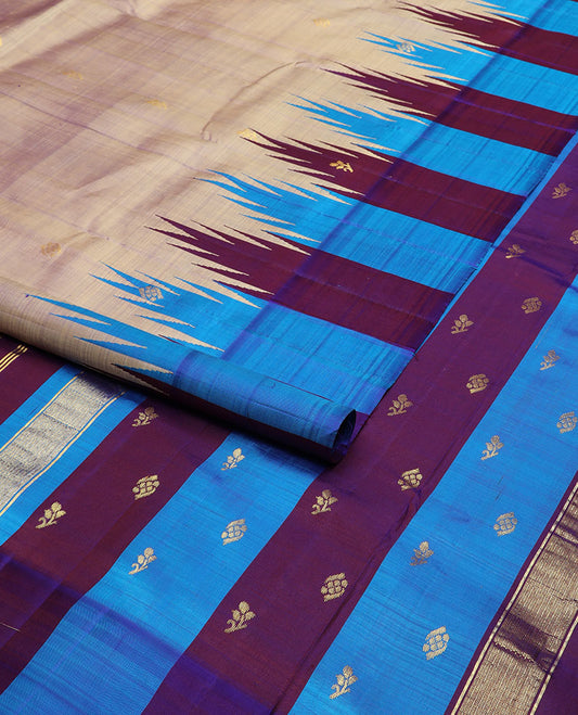 Grey zari buttas Kanchipuram silk saree, contrast thazampoo rekku zari border & zari  design pallu