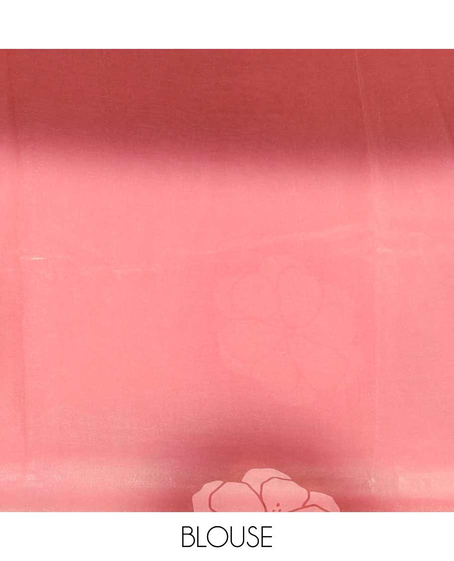 Borderless peach floral motifs printed fendy satin saree with a self-pallu and a matching blouse