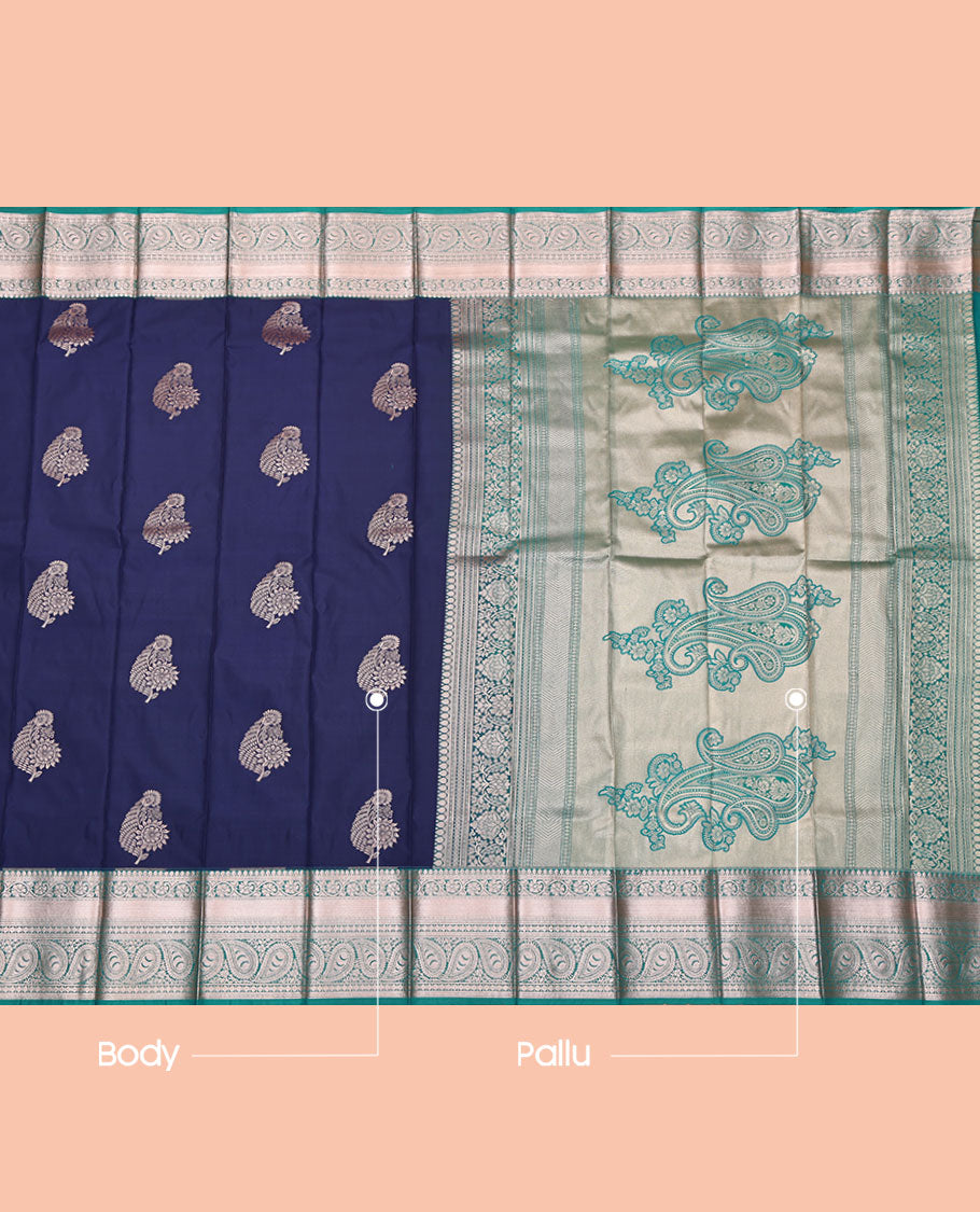Navy Blue Budget Silk Saree, Crafted with Zari Buttas, Complemented by a Contrast Traditional Zari Border, Pallu of Paisleys, and a Contrast Blouse