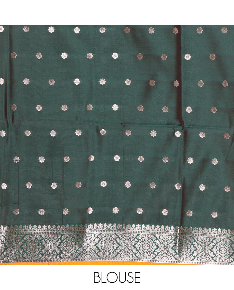 Yellow-green floral buttas elite soft silk saree, contrast floral buttas border, and pallu of Mughal-style intricate zari designs