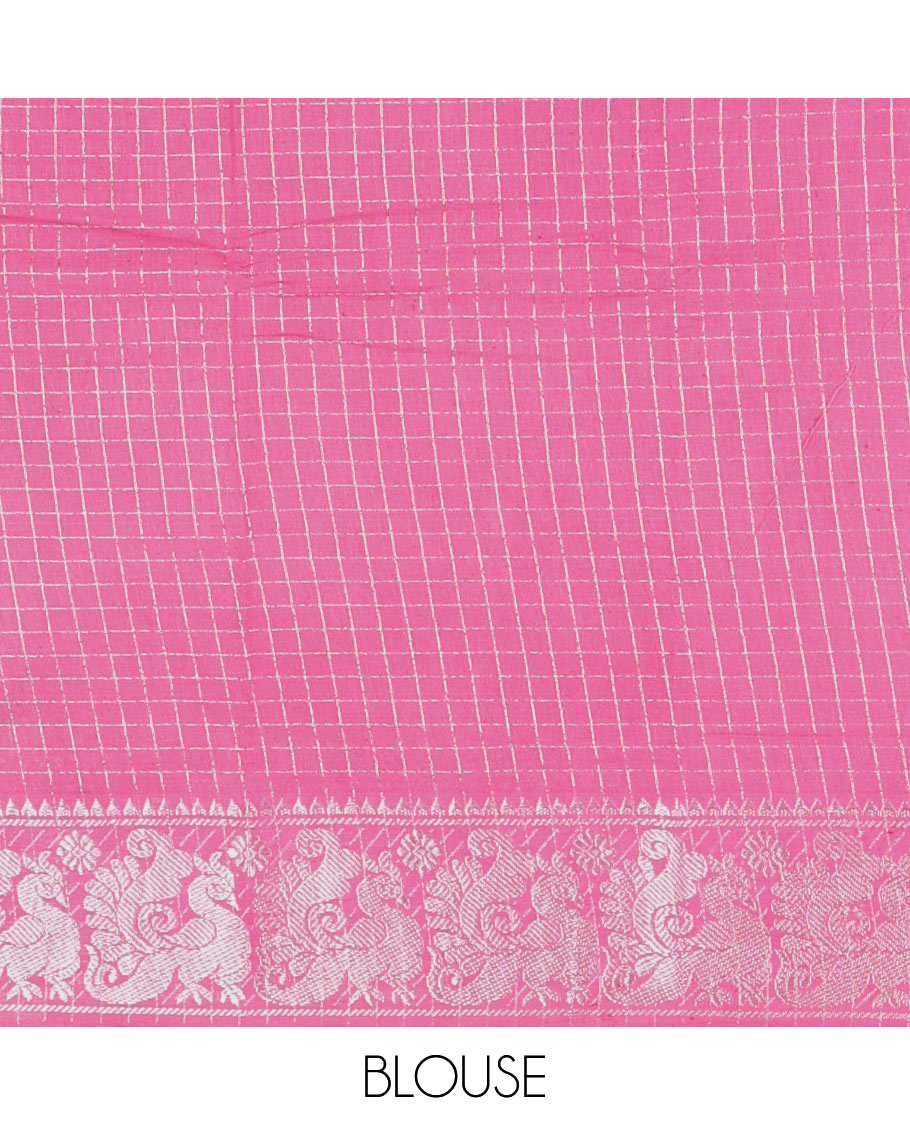 Rama checked sungudi cotton saree, contrast silver zari peacock motif border, striped pallu, and a contrast checked blouse
