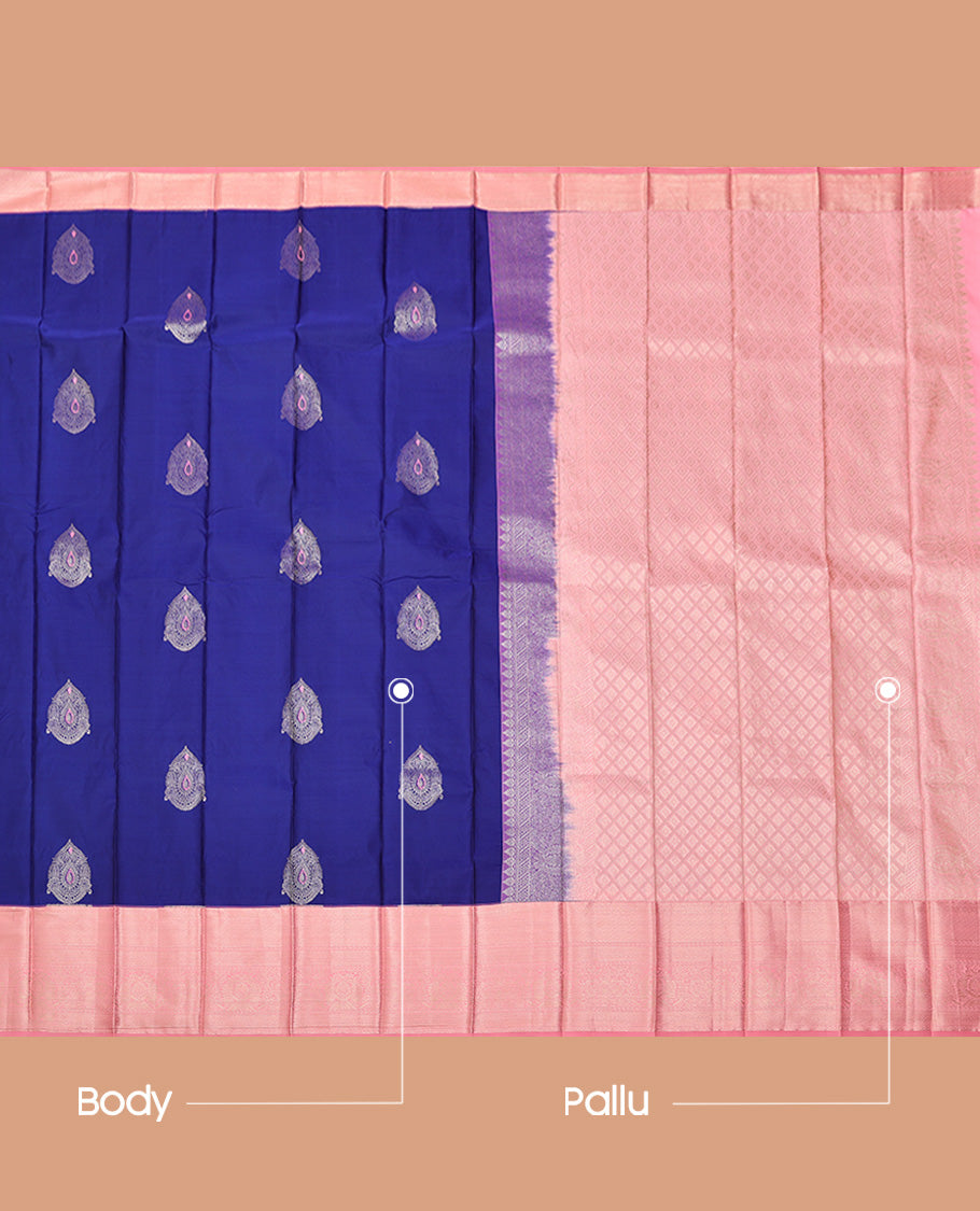 Blue Budget Silk Saree, Embellished with Zari Buttas All Over Its Body, Complemented by a Contrast Traditional Zari Design Border, Grand Jaal Pallu, and Paired with a Contrast Blouse