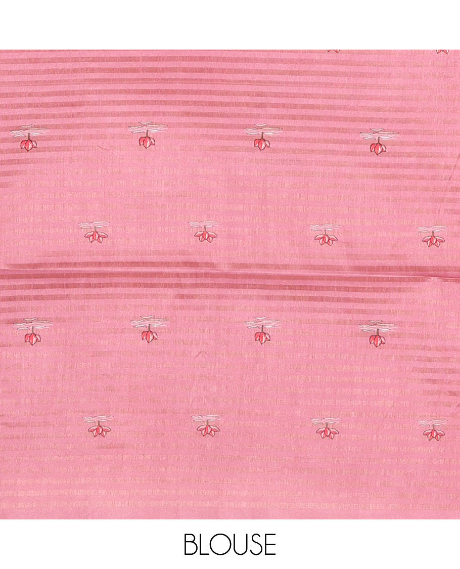 Borderless pink checked & lotus motifs kantha work-style printed fancy tussar saree, painting-style scenery printed pallu & lotus motifs printed blouse
