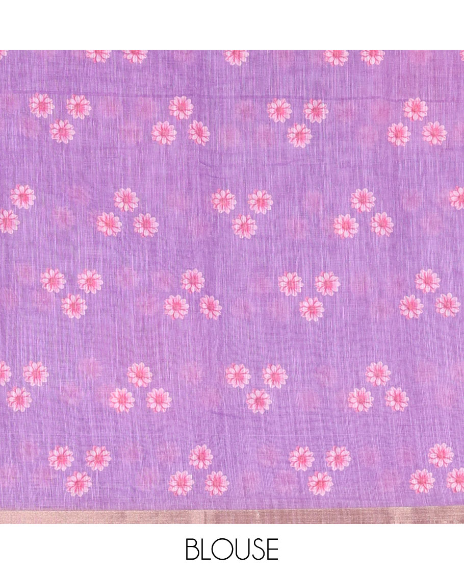 Lavender daisy floral printed linen cotton saree, gold zari piping border, daisy floral printed pallu, and matching floral printed blouse
