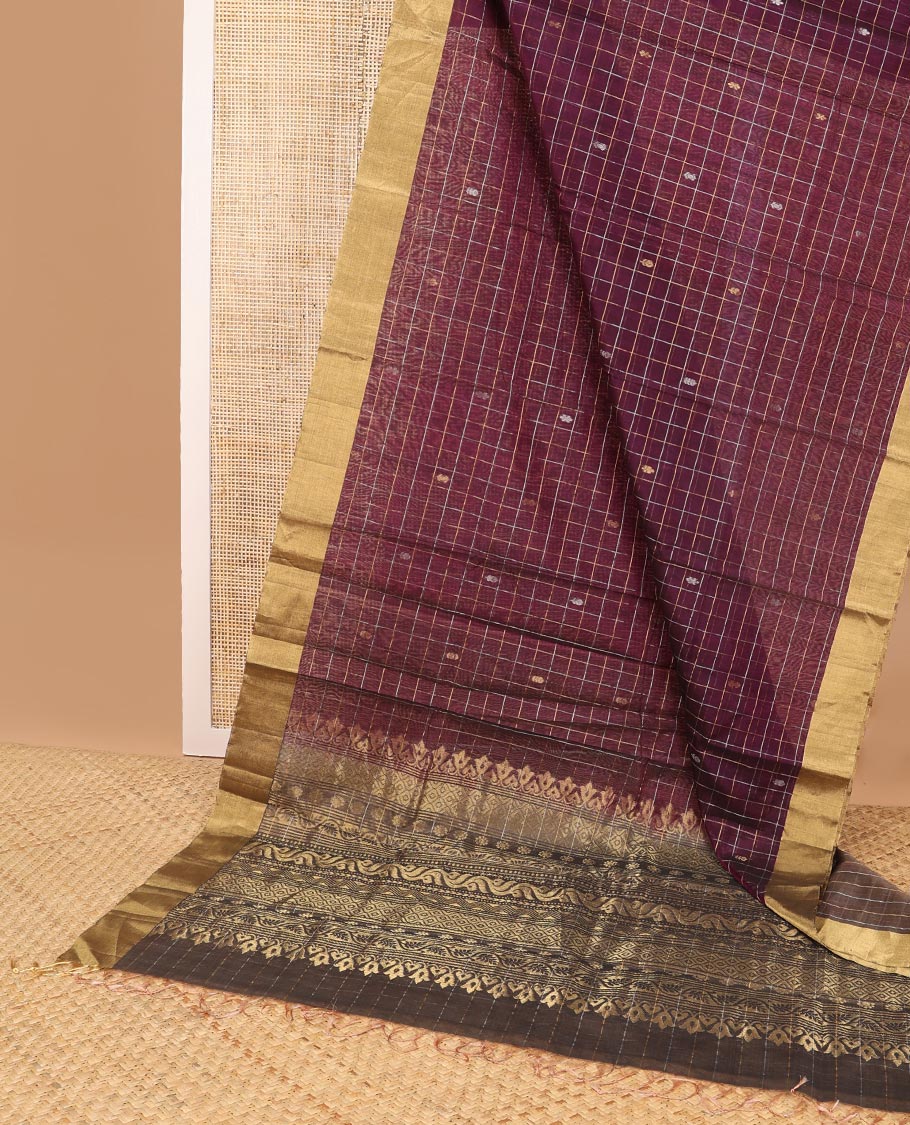 Maroon checked, motifs silk cotton saree with self zari border & floral design pallu