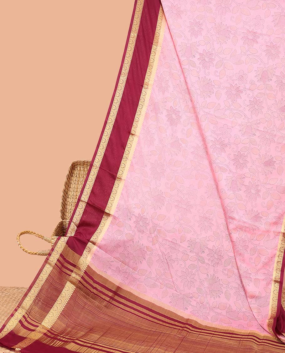 Pink madhubani-style floral vine semi-banaras printed saree, contrast traditional design border & striped pallu