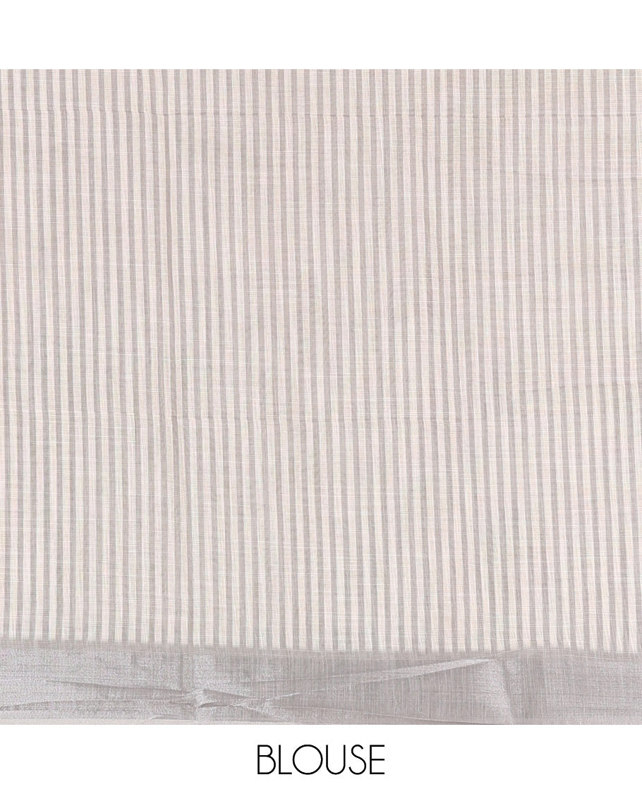 Cream hand painting style crane motifs printed linen cotton saree, silver bavanji border, contrast geometric printed blouse