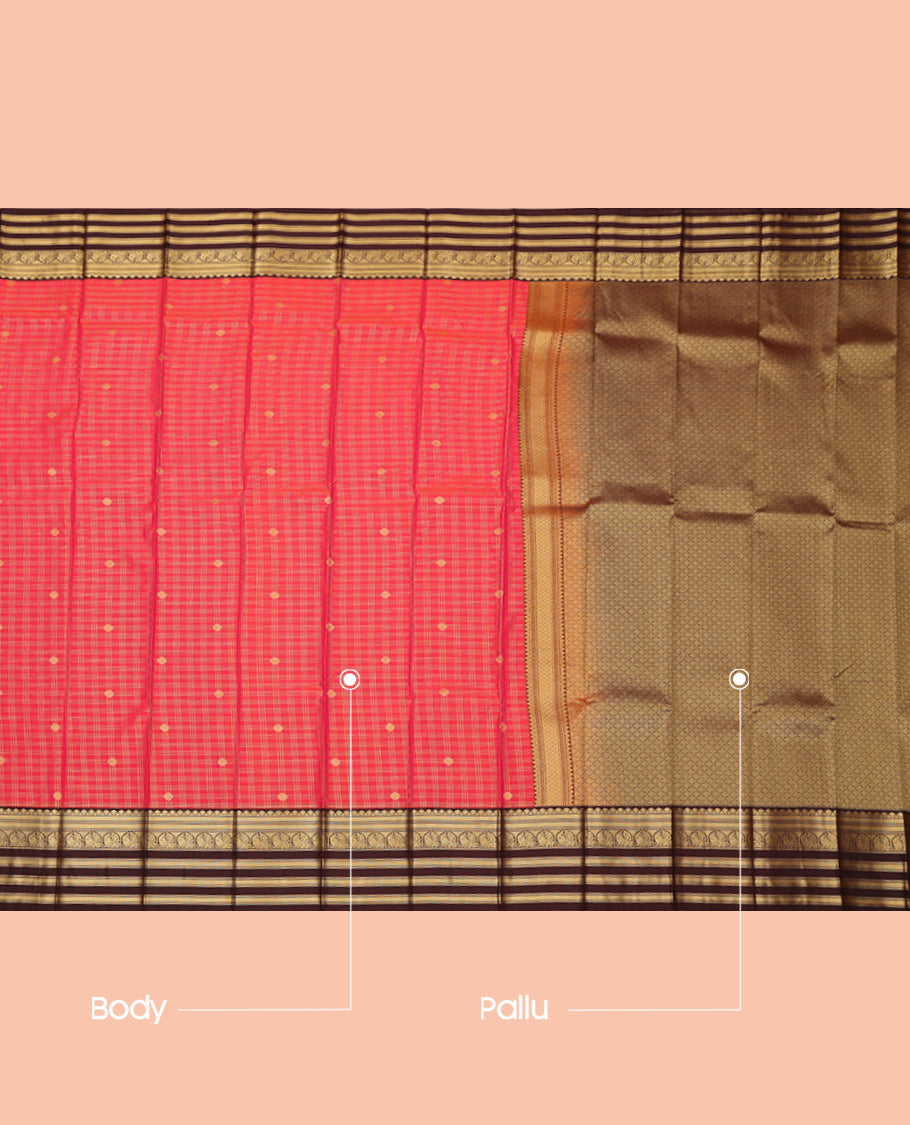Red Budget Silk Saree, Bedecked with Zari Buttas and Checks, a Contrast Traditional Zari Border, Grand Pallu, and a Contrast Blouse