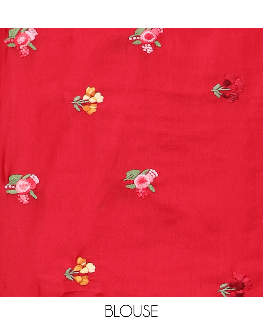 Red all-over floral motifs thread embroidery tussar silk saree with self striped embroidery border