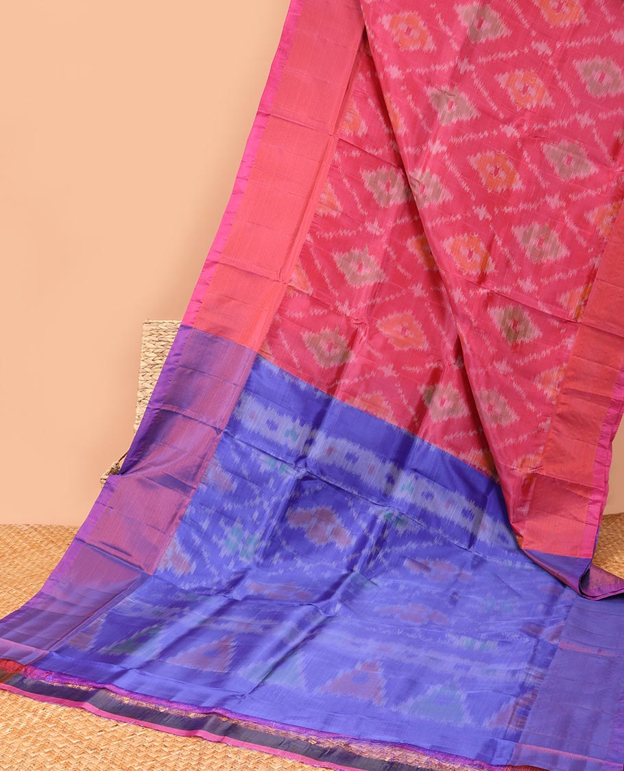 pink ikkat argyle semi-uppada saree with contrast zari border & argyle ikkat design enclosed with motifs pallu