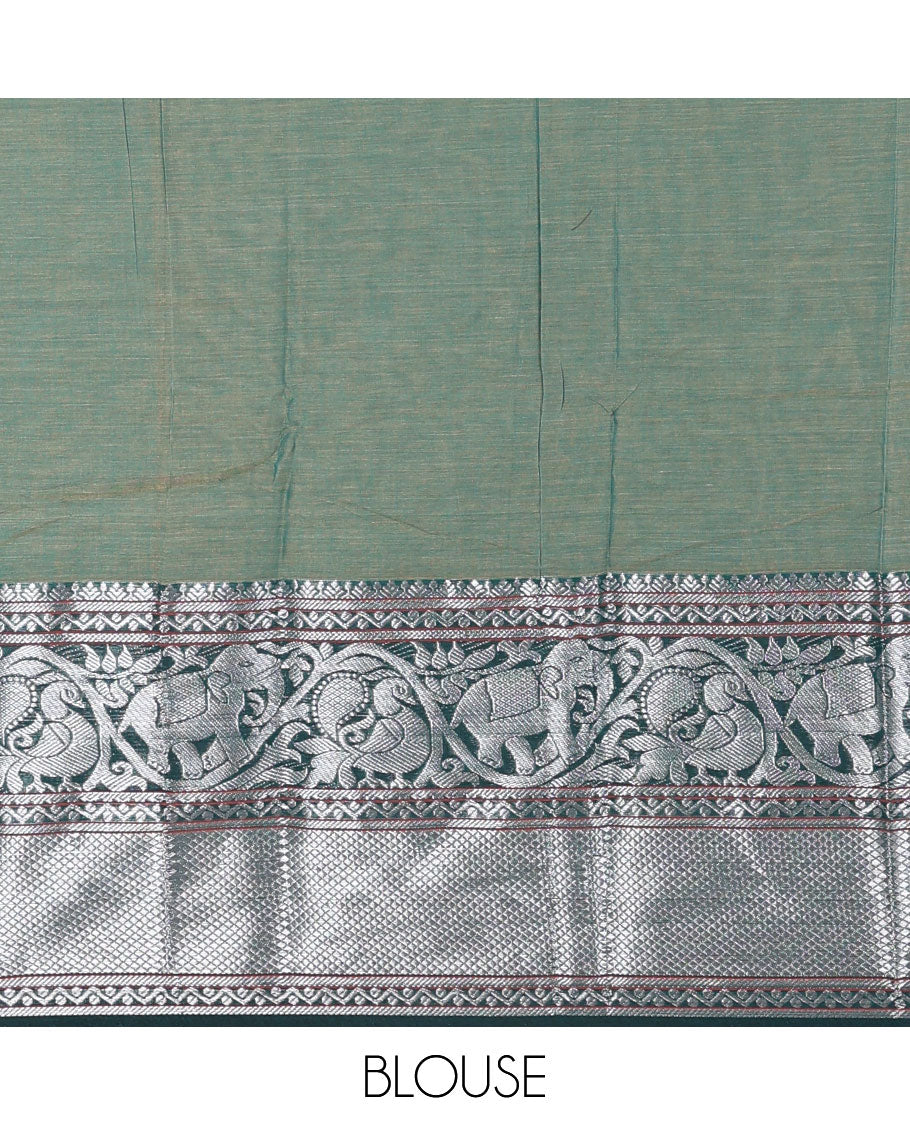 Green plain mercerised cotton saree, contrast traditional zari border of elephant and peacock designs, striped pallu, and plain blouse