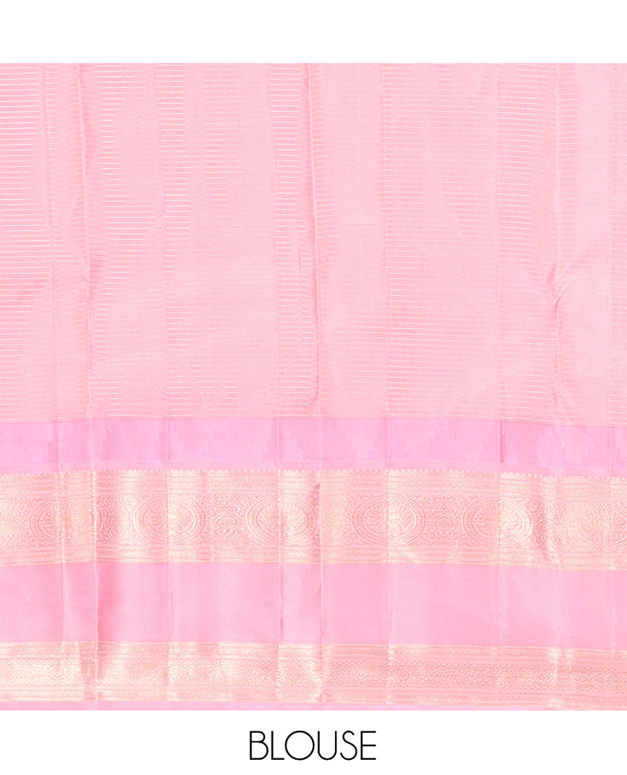 Green Vasundhara Silk Saree, Woven with Zari Buttas and Checks, a Contrast Thazampoo Rekku Border of Chakram Designs, Grand Pallu, and a Contrast Blouse
