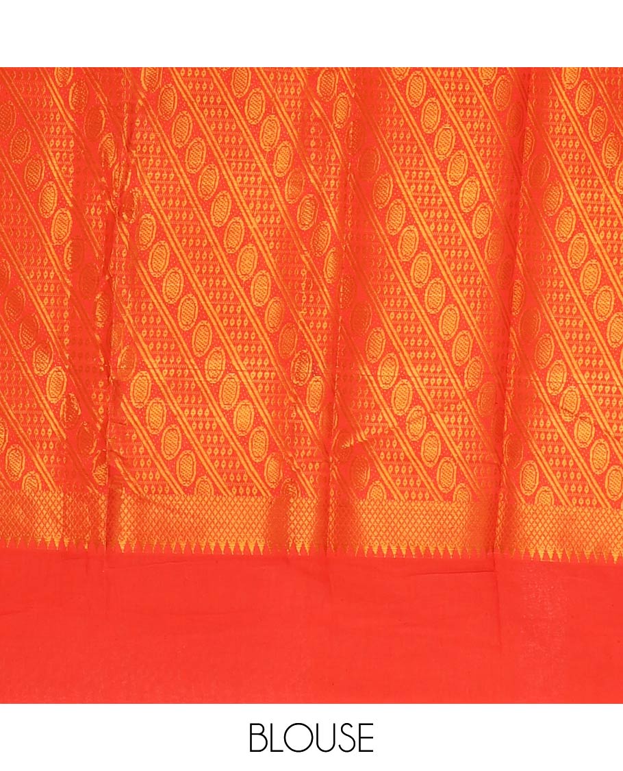 Dark green plain sungudi cotton saree, temple border of floral & bird zari designs, zari striped pallu & contrast orange jacquard blouse