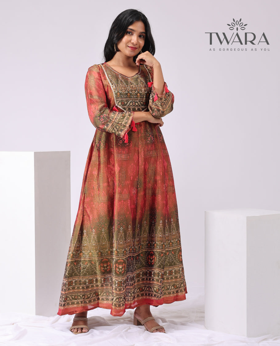 Twara multi-color floral embroidered round , 3/4 th sleeve ,below knee lenght kurti with straigt pants & floral design dupatta
