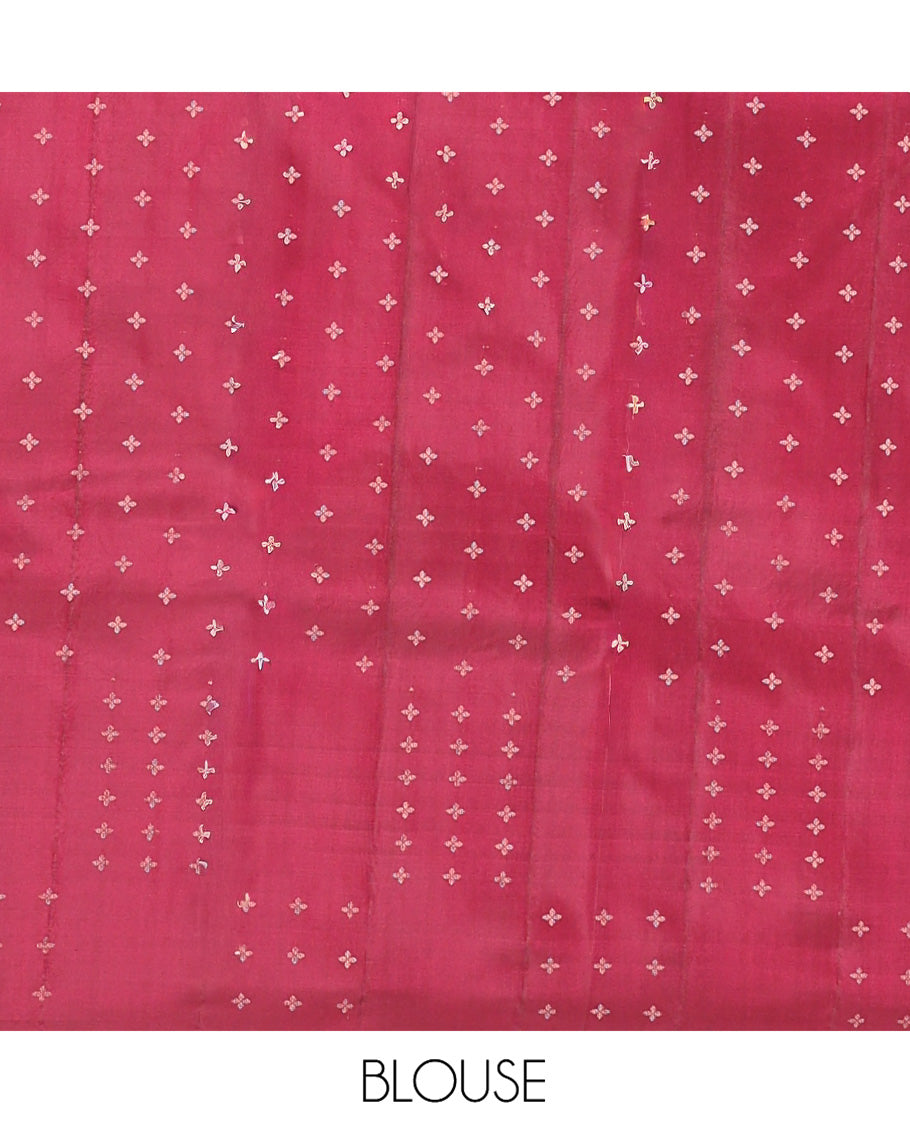 Red Vasundhara Silk Saree, Subtly Sparkled with Micro-Checked Design on Its Body, Highlighted by a Zari Border Steeped with Flower Designs, Pallu Steeped with Flower Designs, and Paired with a Matching Blouse