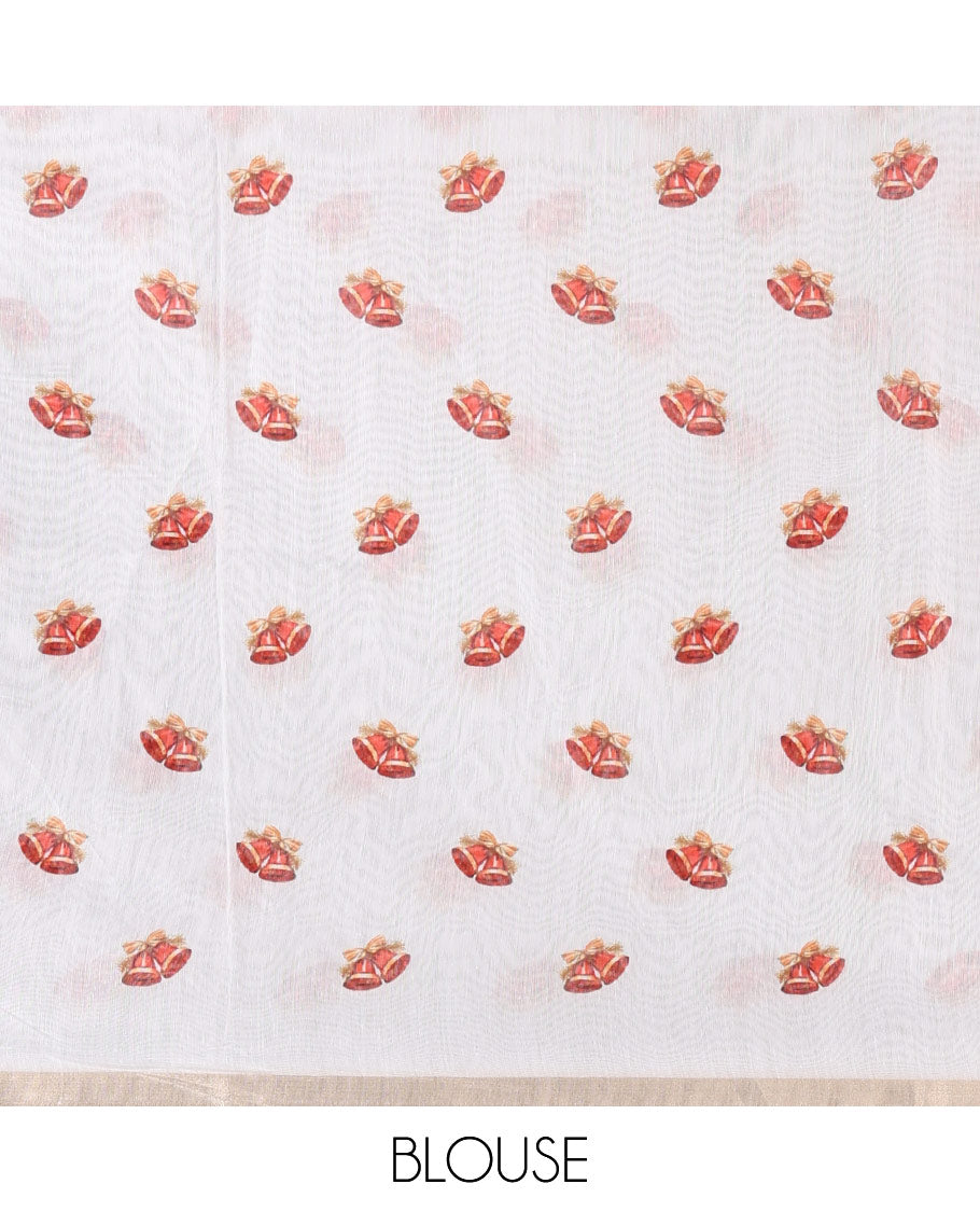 White Christmas-theme digital printed Chanderi cotton saree features bell motifs, piping zari border, big bell printed pallu, and blouse of tiny bell motifs print