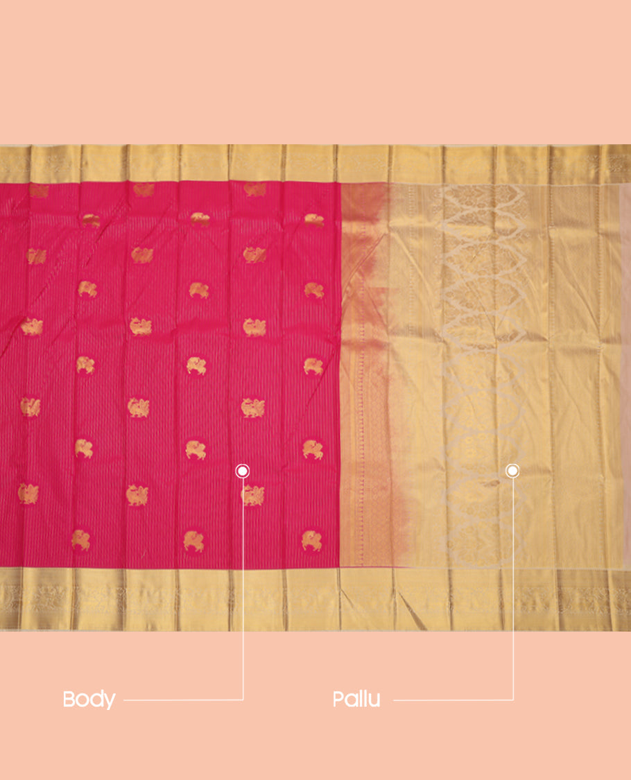 Pink Budget Silk Saree, Elevated with Peacock Buttas and Stripes, a Contrast Traditional Zari Border, a Grand Pallu and a Contrast Blouse