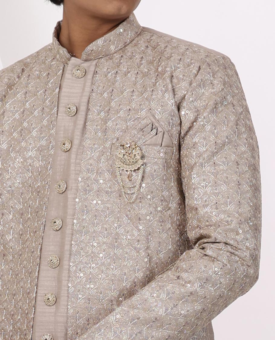 Sandal floral thread embroidery with sequins work mandarin collar & full-sleeve long raw silk kurta