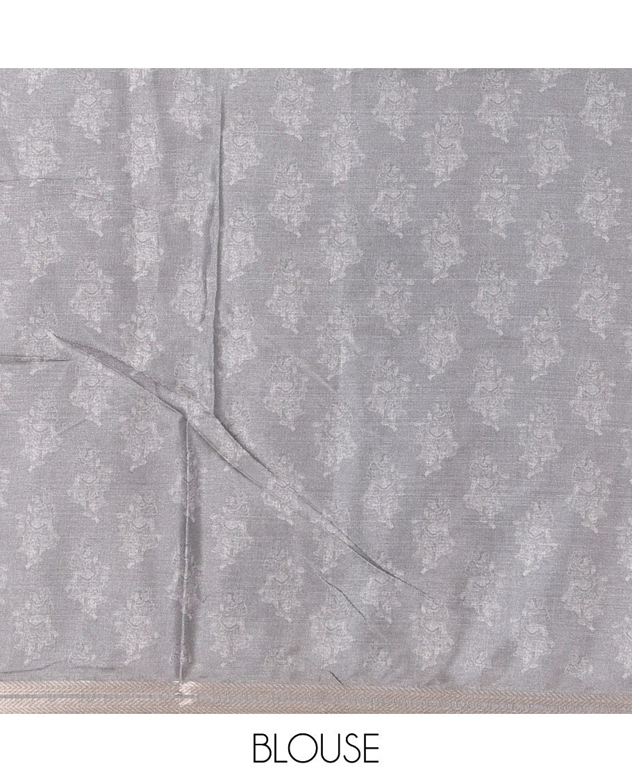 Grey kalamkari style ancient human figurines printed semi tussar saree, printed border, kalamkari printed pallu, and printed blouse