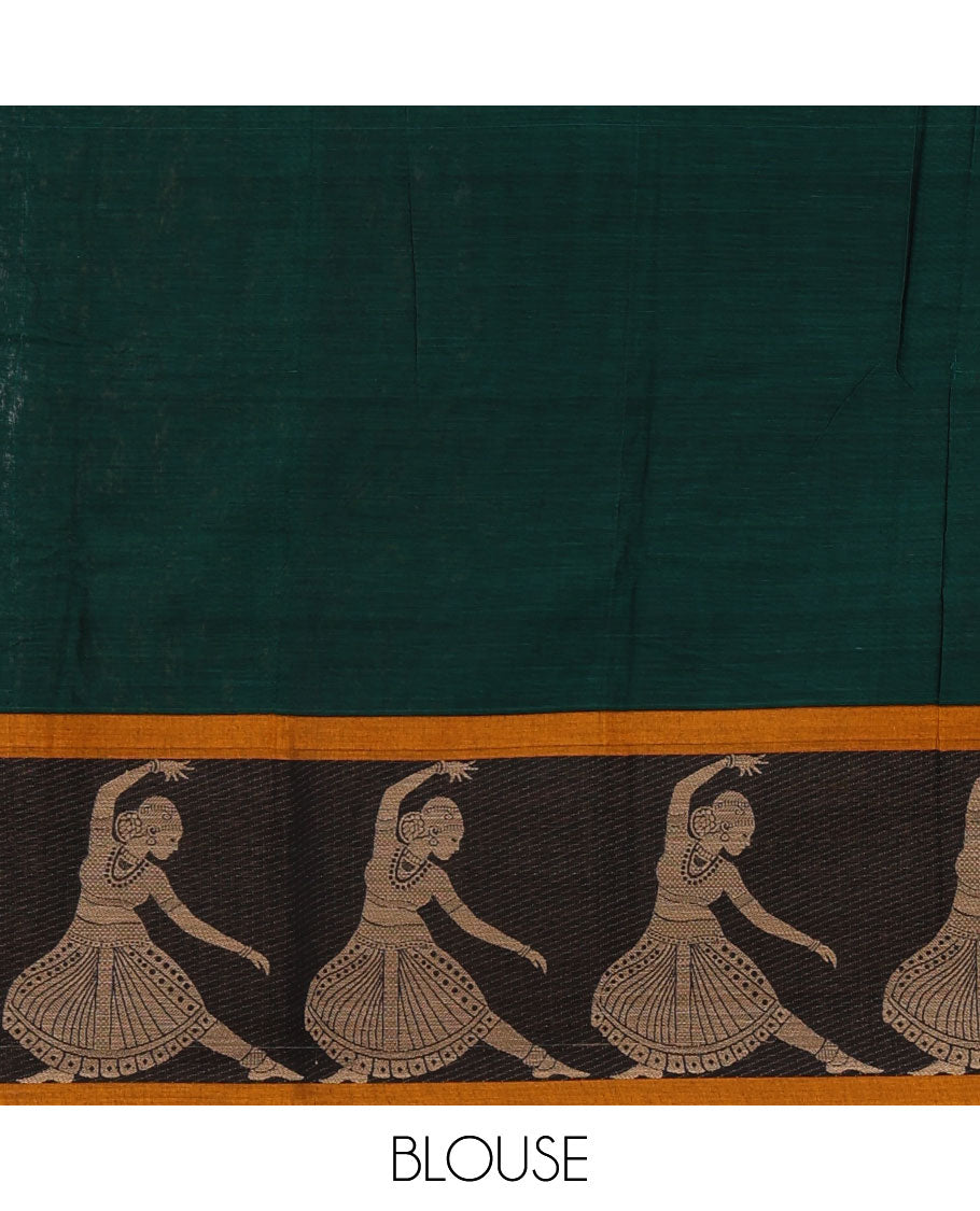 Green full-plain Mercerised cotton saree, contrast resham thread dancing Bharatanatyam girl motifs woven border, striped pallu & plain blouse
