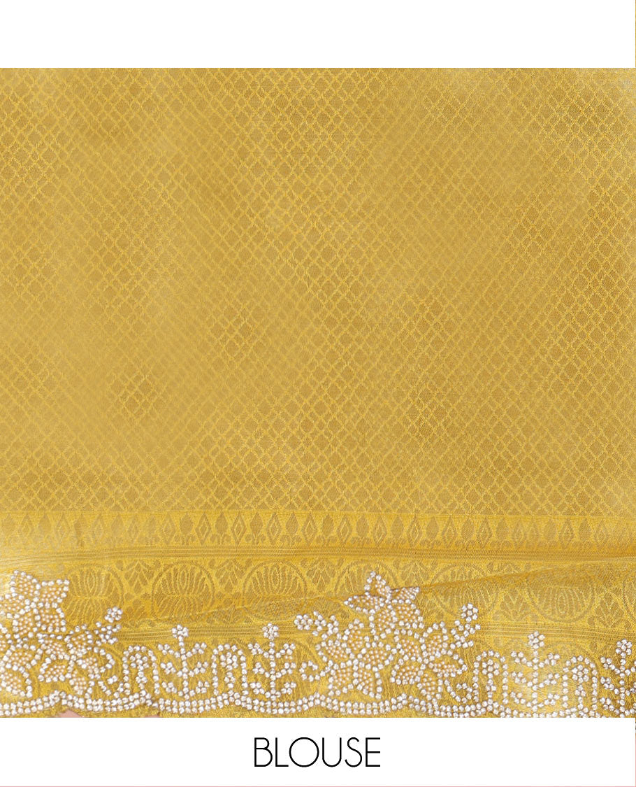 Yellow Designer Saree, Enriched with Floral Jaal Jacquard on Its Body, Highlighted by a Scallop Stone Embroidered Border, Majestically Detailed Pallu, and Paired with a Matching Blouse