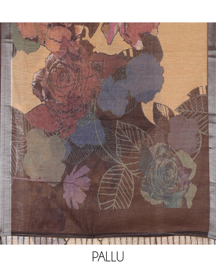 Mustard Linen Cotton Saree, Adorned with Tropical Floral Print on Its Body, Complemented by a Contrast Plain Border, Floral Printed Pallu, and Paired with a Contrast Blouse