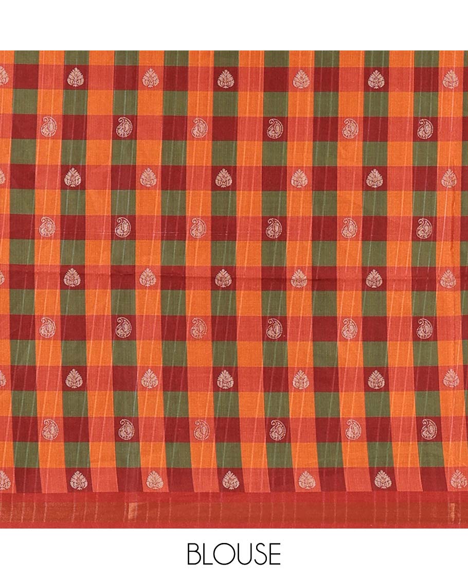 Chikku- orange plain kathan silk saree, contrast buttas enclosed multi-color checked blocks border, temple pallu, and contrast blouse of checks, and buttas