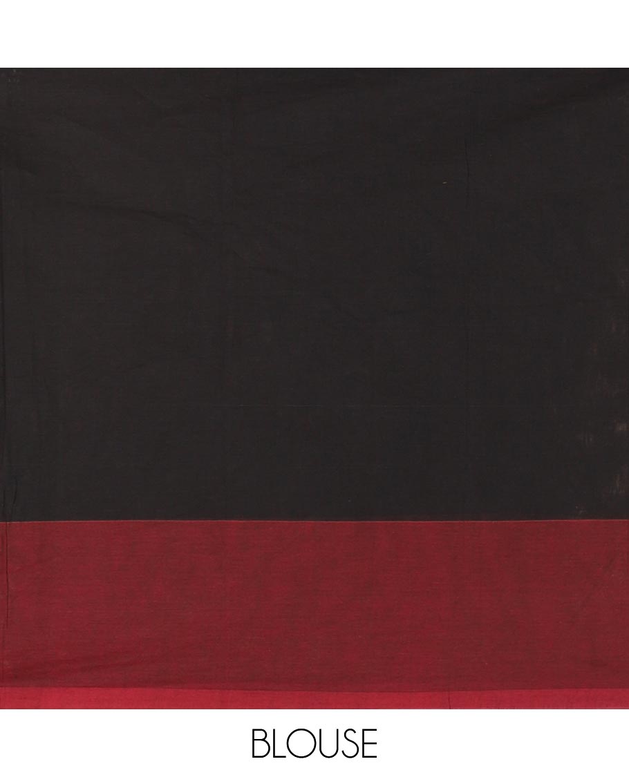 Black thread woven veldhari striped Handloom cotton saree, contrast polka dots thread border, temple pallu, and matching plain blouse