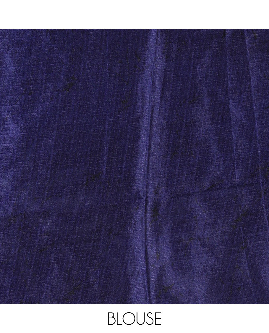 Borderless Navy blue batik-style abstract vines printed khadi cotton saree, matching plain blouse