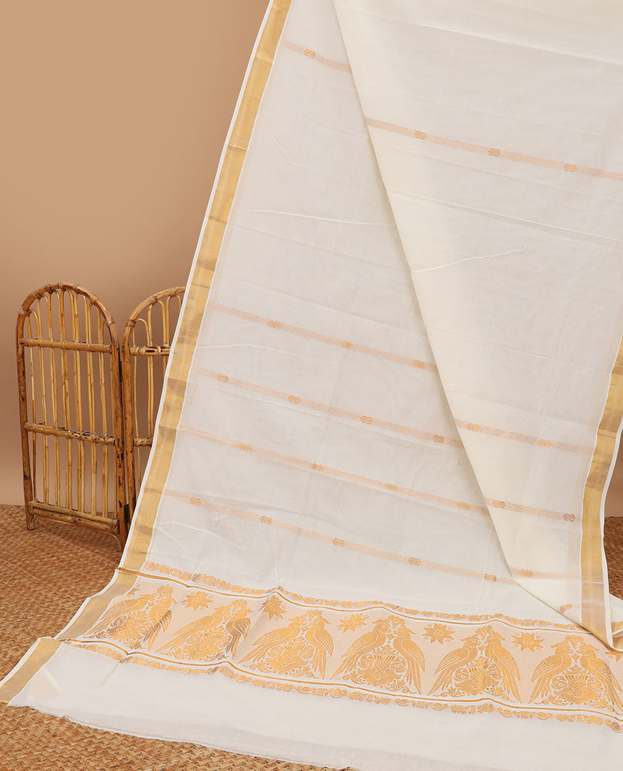Cream zari striped kerala saree, zari border & pallu of leaf creeper & peacock designs