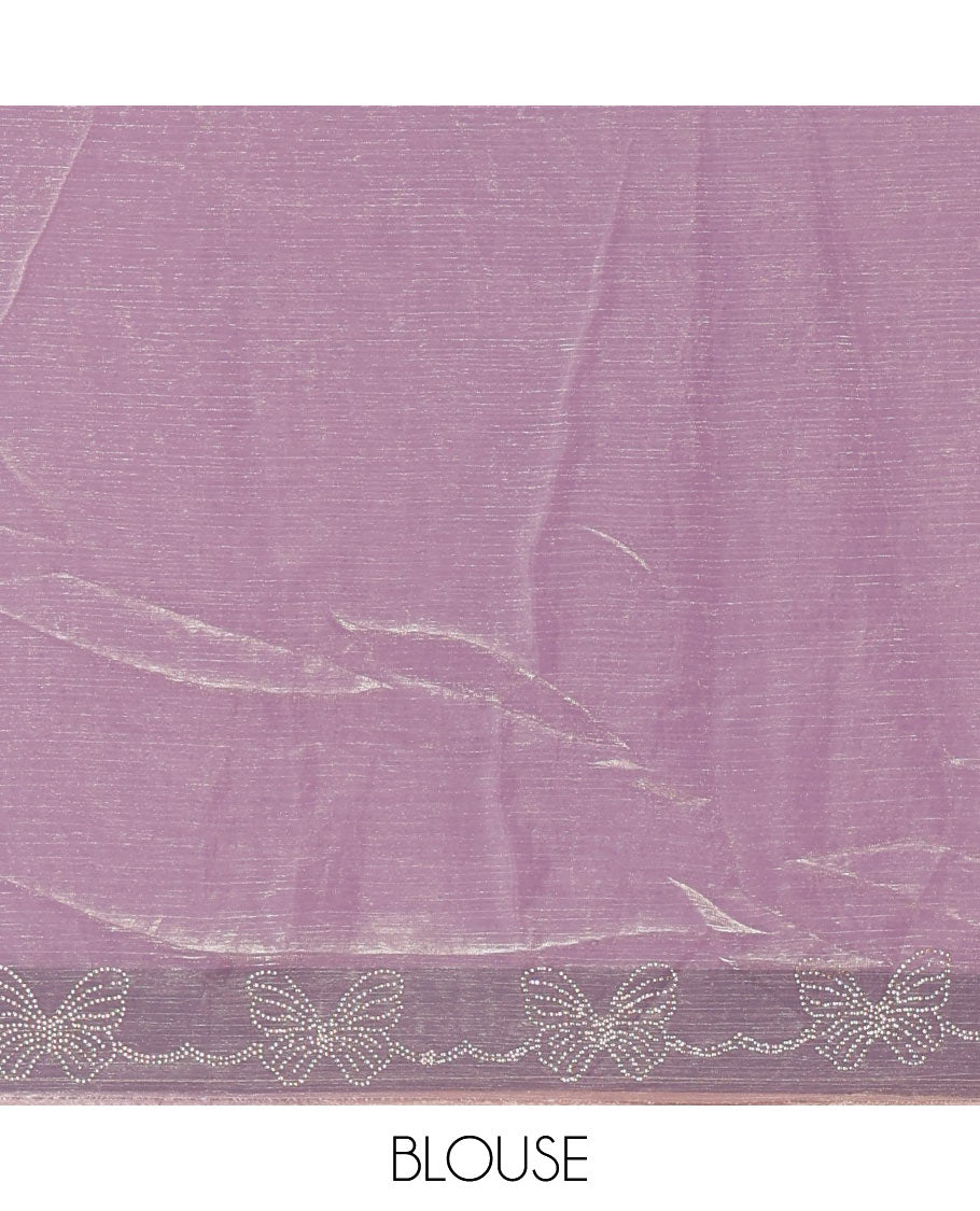 Light violet full-plain Fendi chiffon saree, scallop butterfly-style Swarovski stone work border & stone work matching blouse