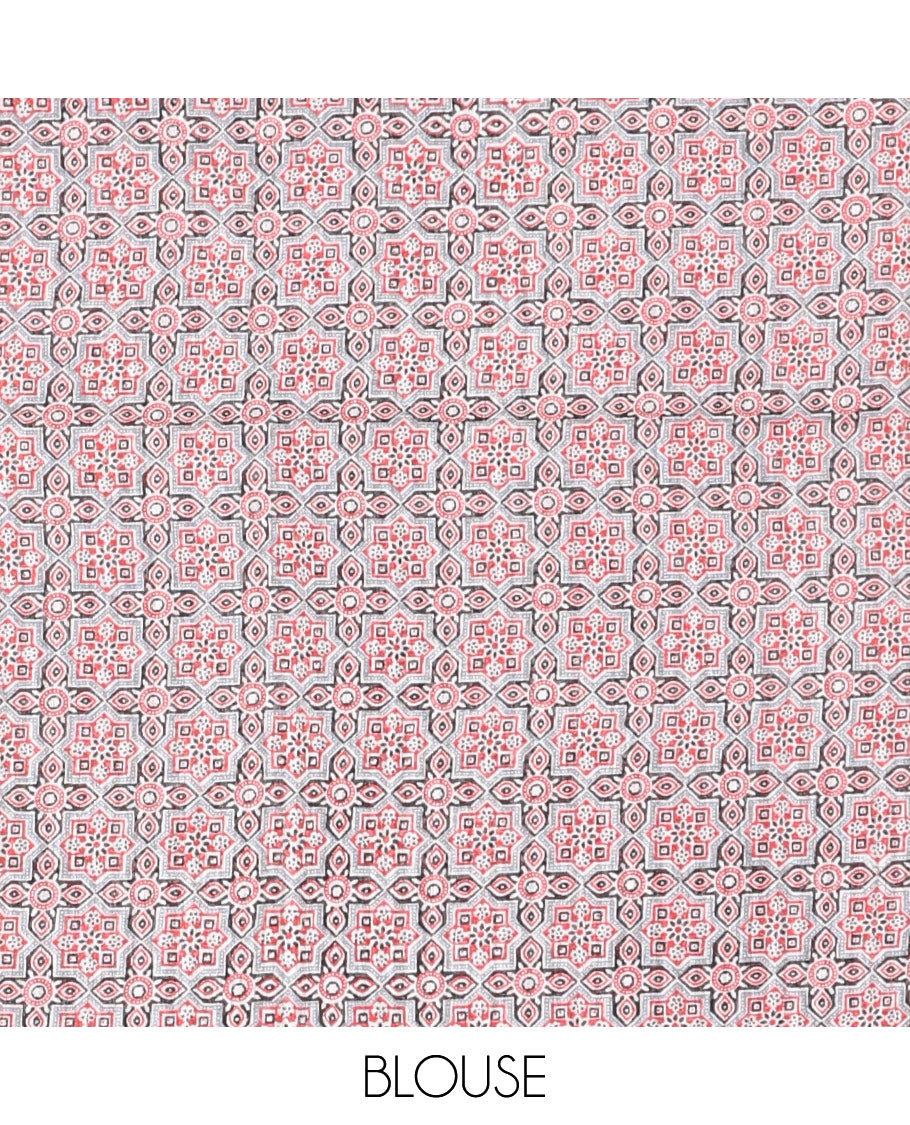 Borderless black bandhani style floral, paisley, and chakra printed semi-jute silk saree, contrast ajrakh printed pallu, and ajrakh printed blouse