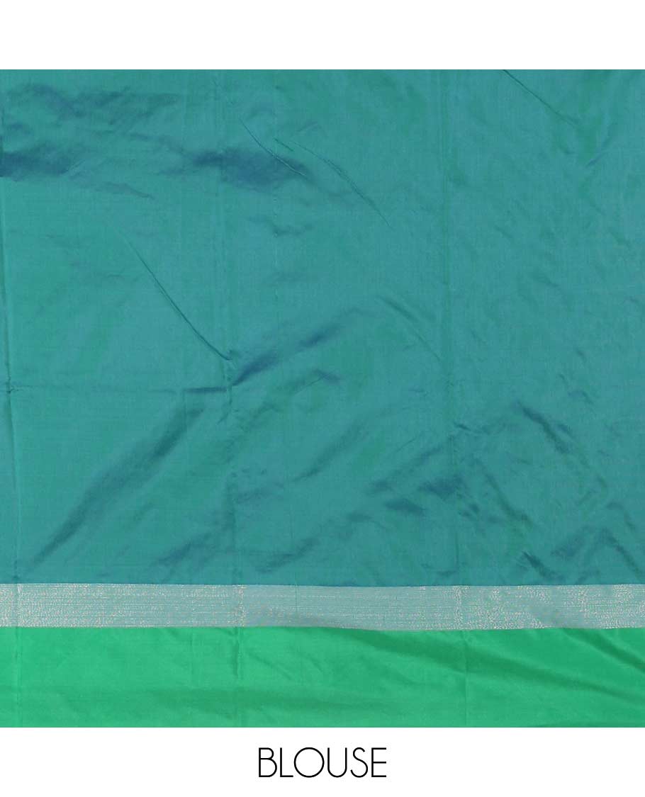 Purple-mehendi green plus-shaped buttas steeped semi-soft silk saree, contrast satin border of stripes, striped pallu, and contrast blouse