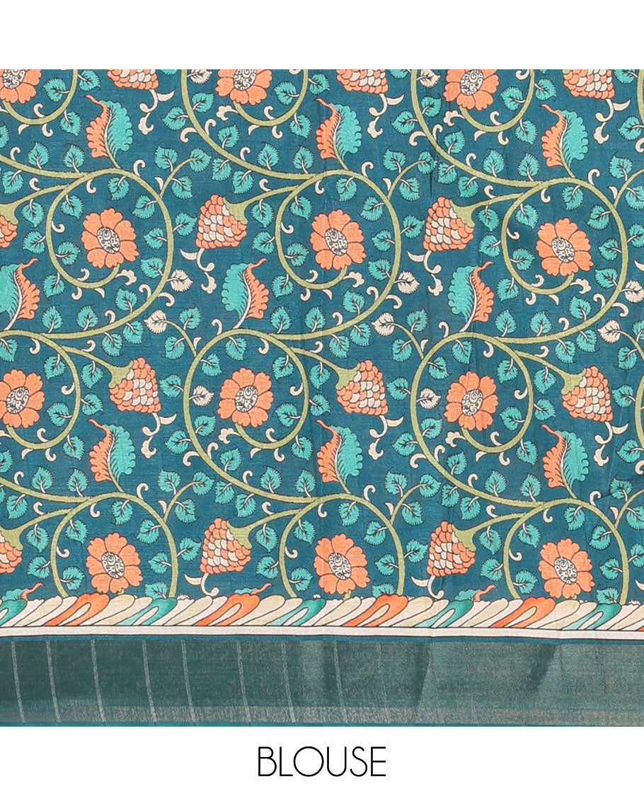 Pink shibori-style printed soft-tussar saree, contrast zari border, kalamkari peacock printed pallu & kalamkari floral vine print contrast blouse