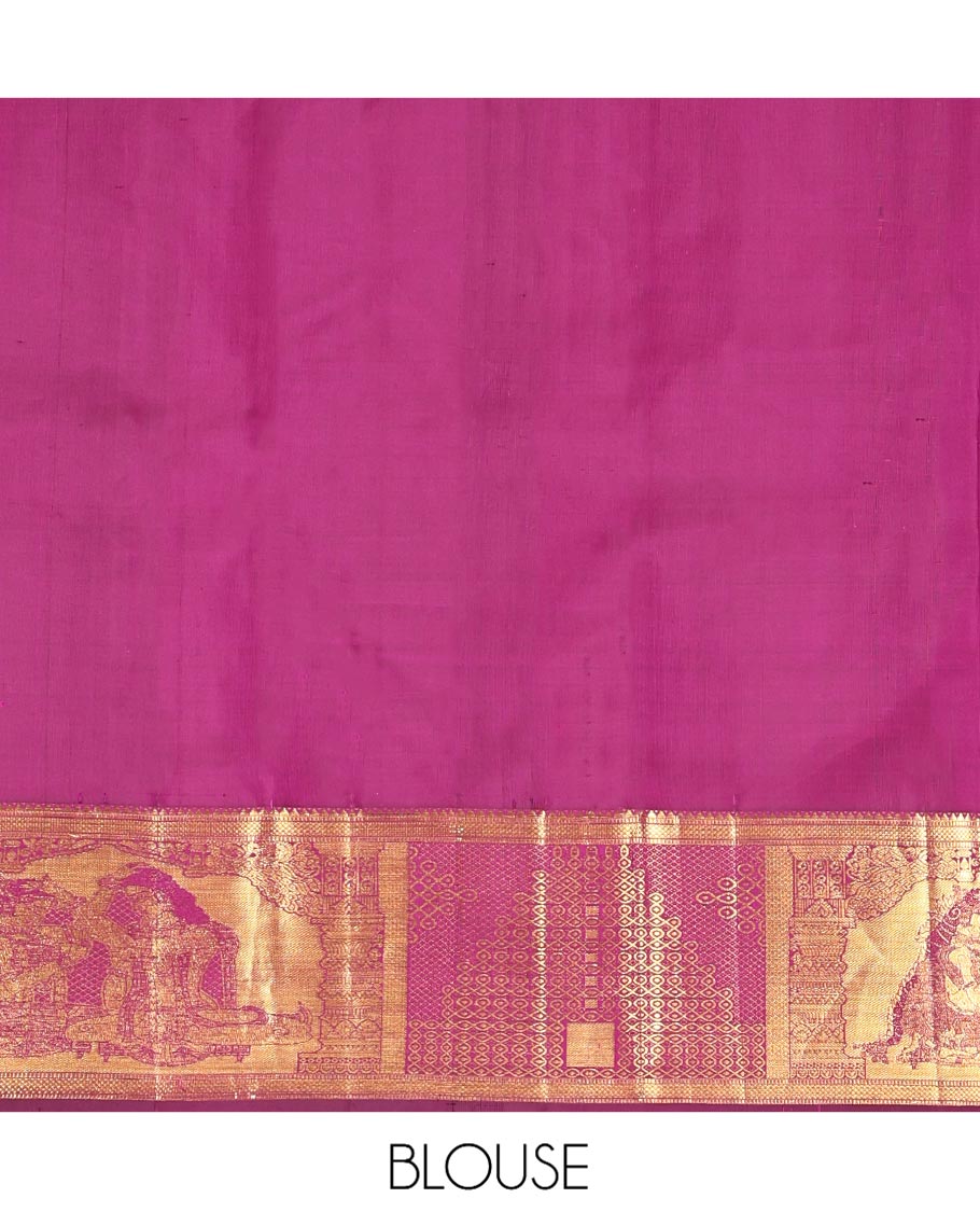 Purple Kanchipuram Wedding Silk Saree, Masterfully Woven with Jacquard Design, a Zari Border of Rekku, Muthu, Kuyil Kann, and Wedding-Themed Motifs, Jaal Pallu, and a Matching Blouse