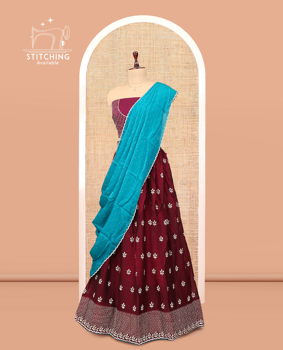 Wine Banarasi Half-Saree, Delicately Woven with Floral Buttas Embroidered Skirt, Embroidered Border, Matching Blouse, and Contrast Scallop Embroidered Dupatta