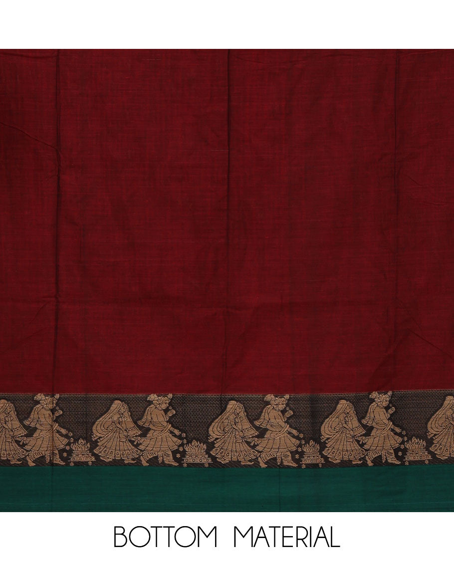 Maroon mercerised cotton material chudidar set, Madhubani-style bride-groom motif woven top, bottom & dupatta