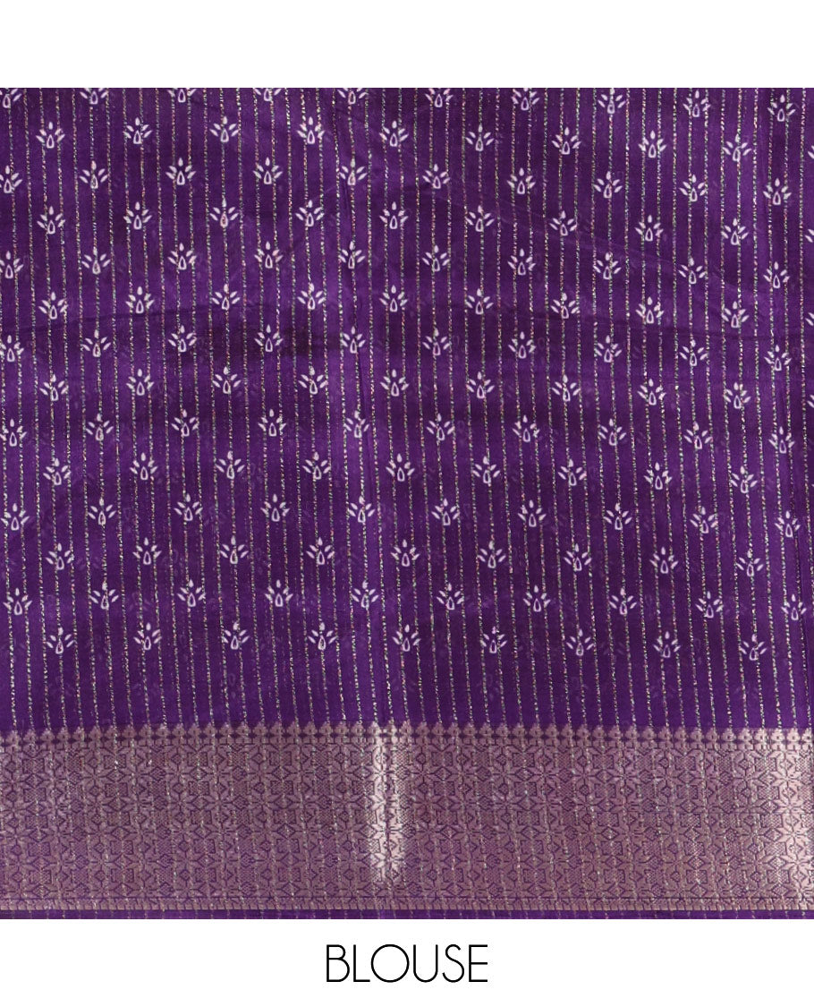 Lavender zari striped & floral printed dola silk saree,contrast zari design border,floral-paisley print pallu, printed-zari-work blouse