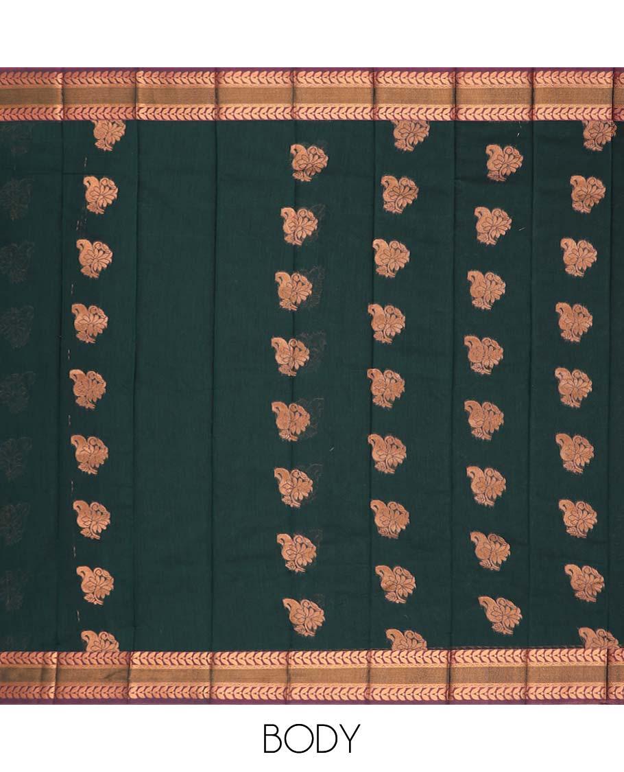 Bottle green floral motifs kora cotton saree with contrast leaf zari design border & floral zari design pallu