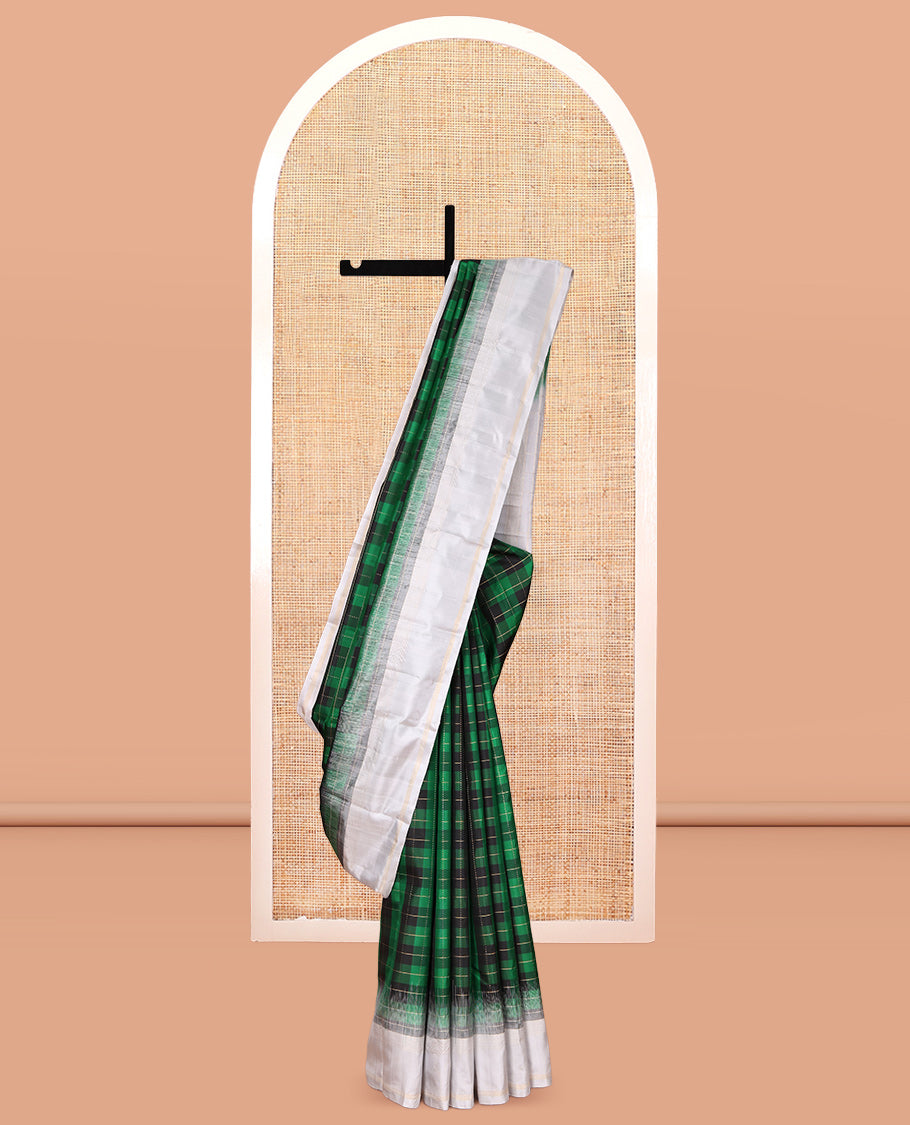 Green Checked Kanchipuram Silk Saree, Complemented by a Contrast Border of Zari Stripes, Zari Checked Pallu, and a Contrast Blouse