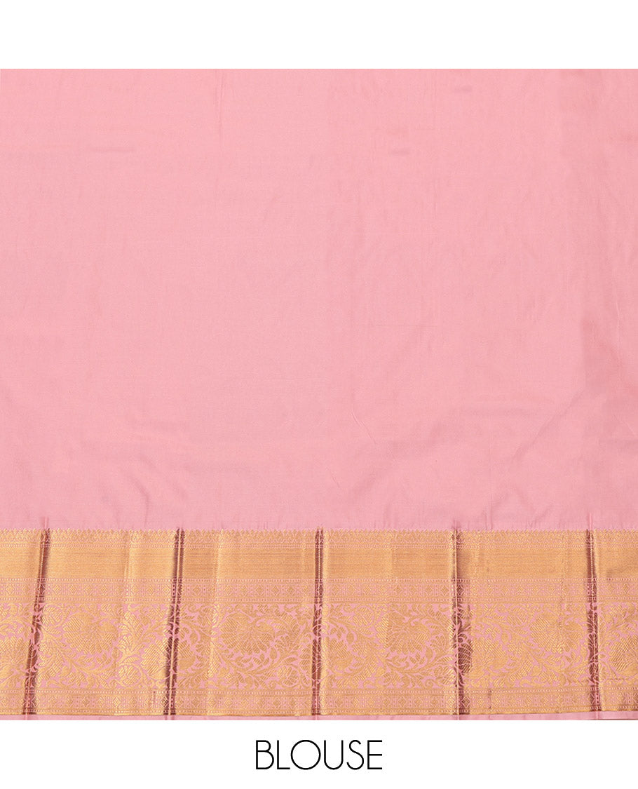 Green Budget Silk Saree, Bedecked with Zari Buttas and Stripes, Complemented by a Contrast Traditional Border, Grand Pallu, and a Contrast Blouse