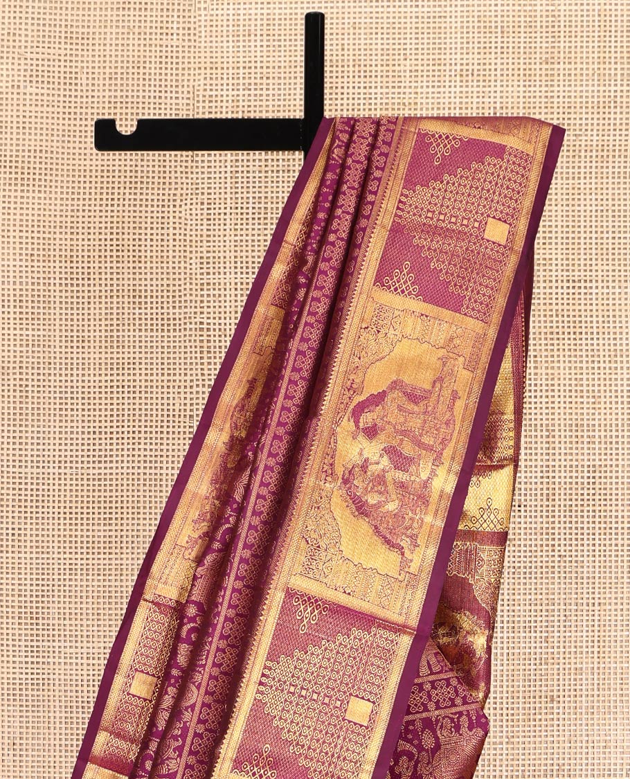 Purple Kanchipuram Wedding Silk Saree, Masterfully Woven with Jacquard Design, a Zari Border of Rekku, Muthu, Kuyil Kann, and Wedding-Themed Motifs, Jaal Pallu, and a Matching Blouse