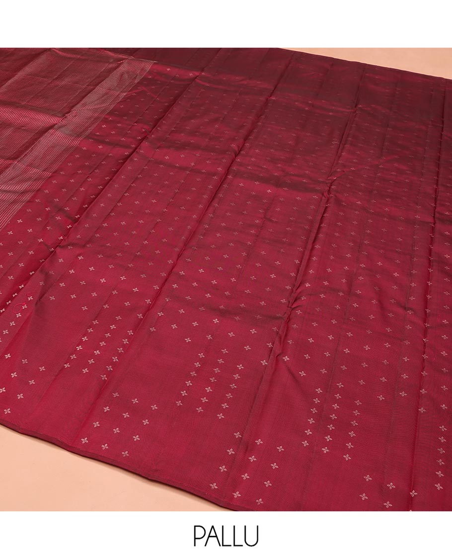 Red Vasundhara Silk Saree, Subtly Sparkled with Micro-Checked Design on Its Body, Highlighted by a Zari Border Steeped with Flower Designs, Pallu Steeped with Flower Designs, and Paired with a Matching Blouse