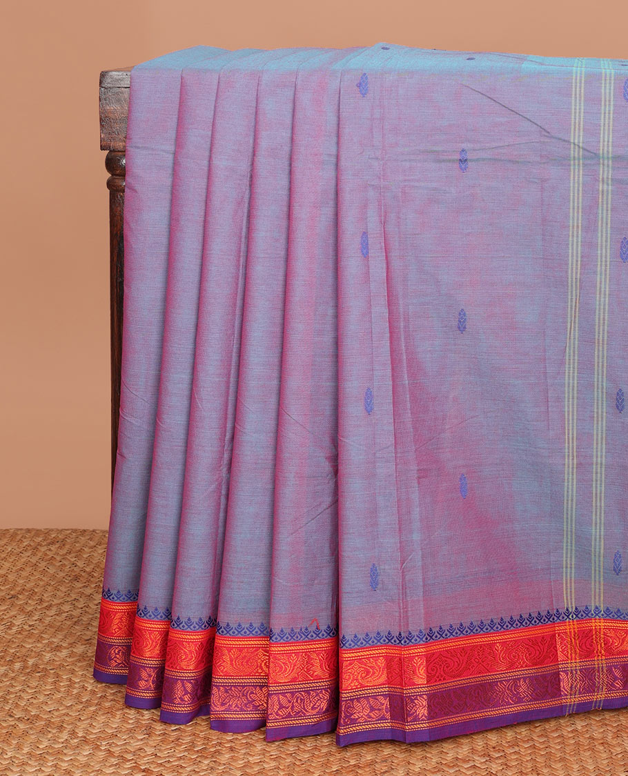 Violet thread buttas Chettinad cotton saree, contrast traditional design woven border & pallu with buttas & stripes