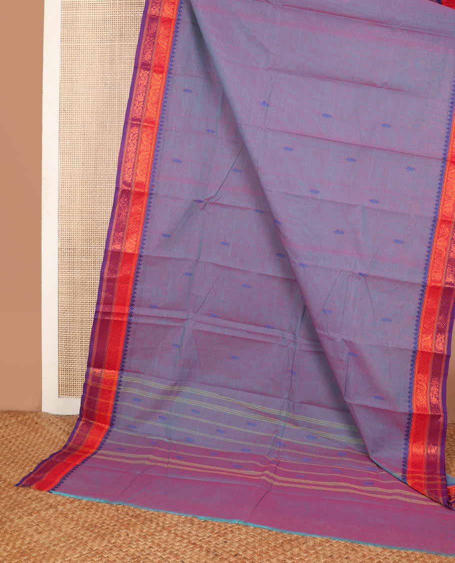 Violet thread buttas Chettinad cotton saree, contrast traditional design woven border & pallu with buttas & stripes