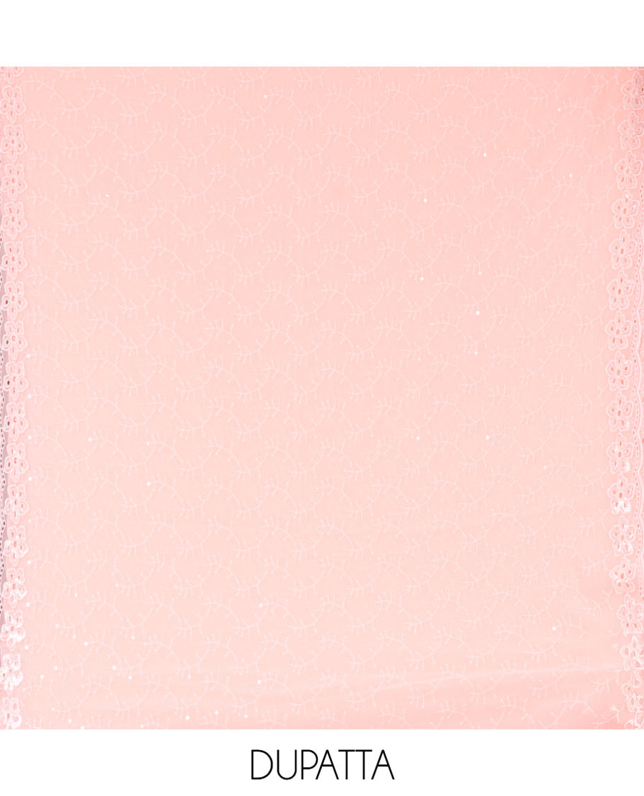 Peach Fox Georgette Material Chudidar Set, Adorned with Cut Work and Sequins Embroidered Top, a Plain American Crepe Bottom, and Comes with a Embroidered Georgette Scallop Dupatta