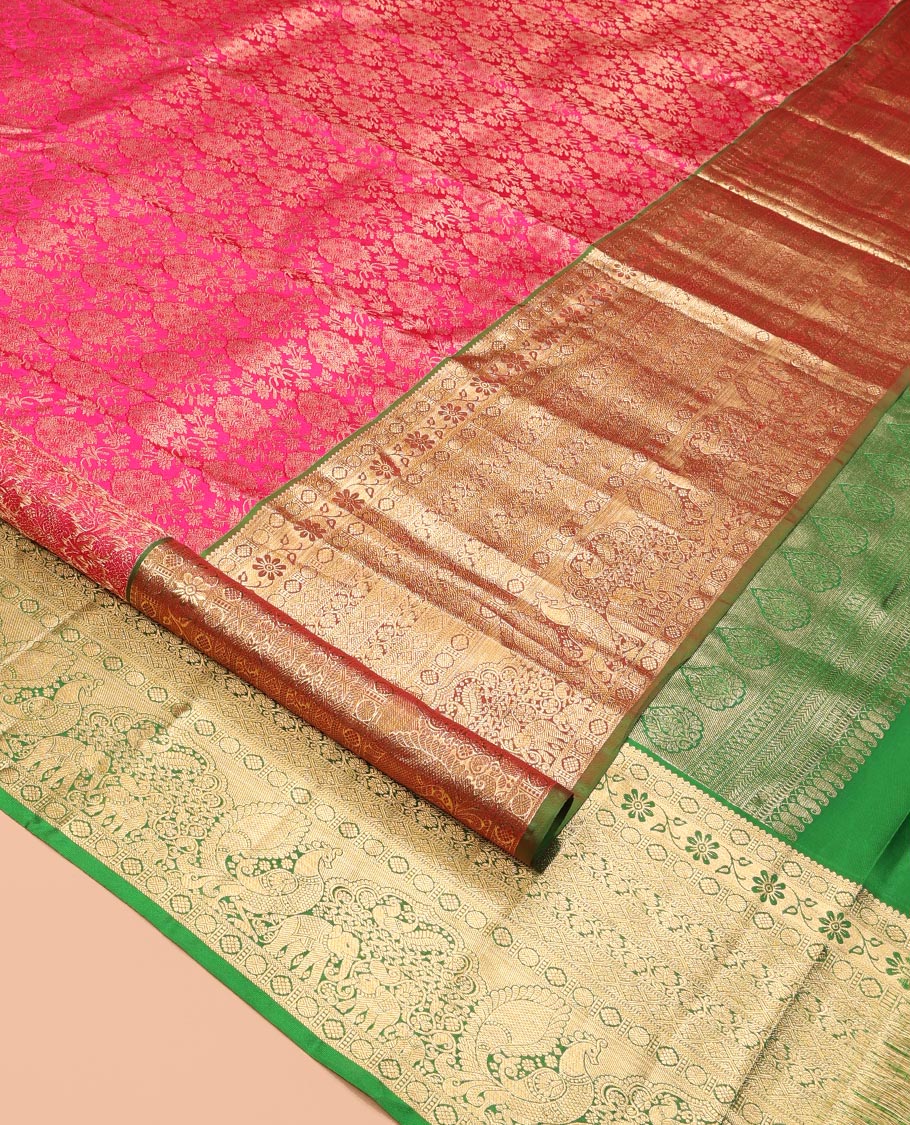 Pink Kanchipuram Wedding Silk Saree, Graced with Jacquard Design, a Contrast Border of Thilakam, Poun, Kamalam, Diamond, Kodi Visiry, Yaanai and Mayil, Grand Pallu, and a Contrast Blouse