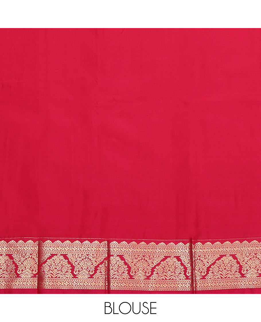Mustard Budget Silk Saree, Woven with Zari Buttas and Checks, Complemented by Contrast Traditional Rettai Pettu Border, Geometric Pallu and a Contrast Blouse