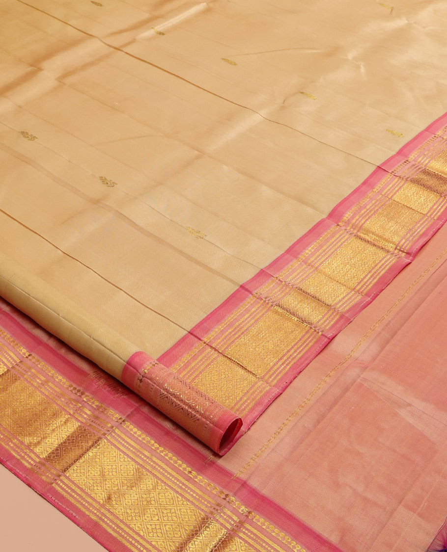 Sandal Kanchipuram Silk Saree, Woven with Zari Buttas, a Contrast One-Sided Border of Panner Sombu, Banaras, Muthu, and Jaal Designs, Zari Design Pallu, and No Blouse